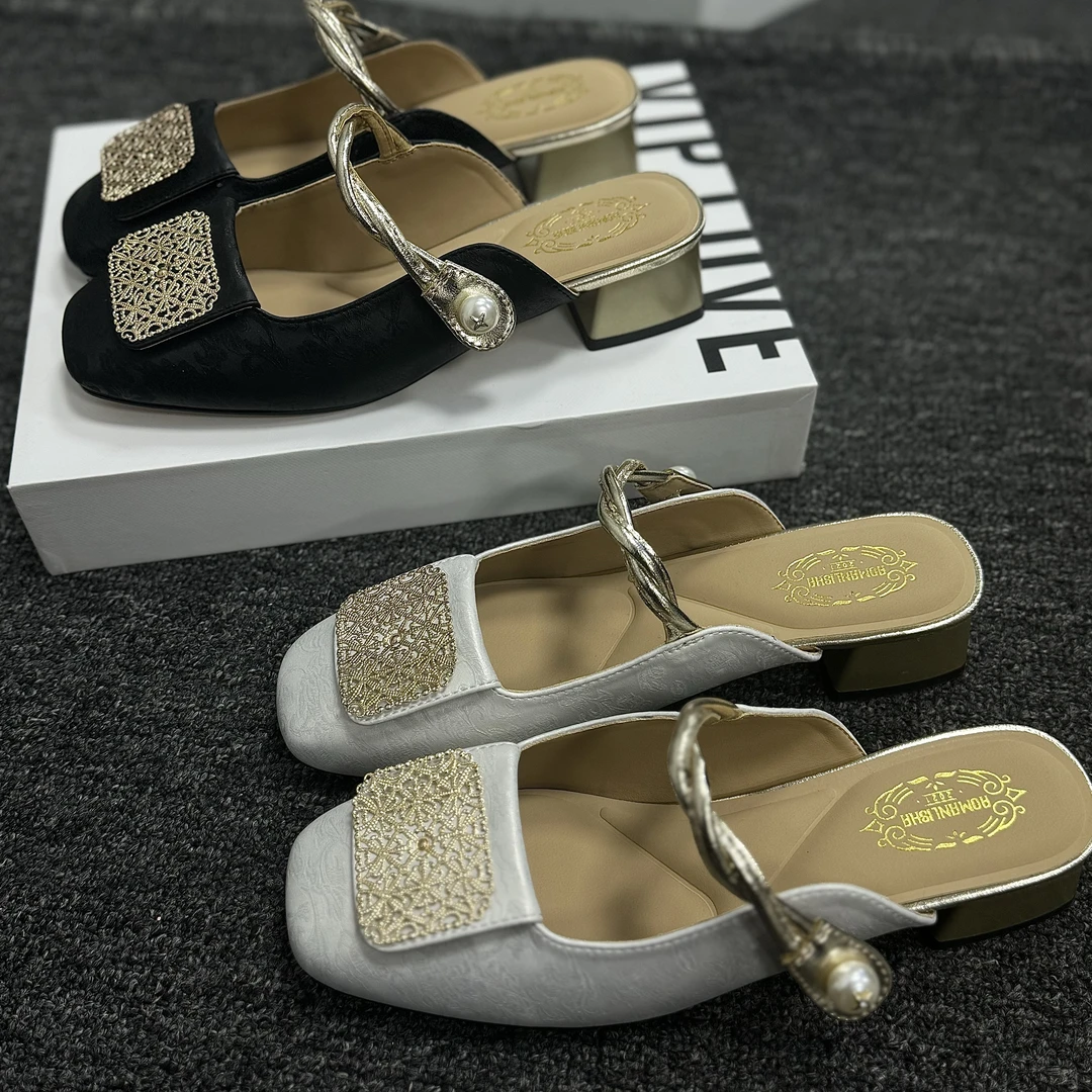 新中式国风粗跟包头拖鞋女气质舒适时尚百搭夏季方头半拖6608