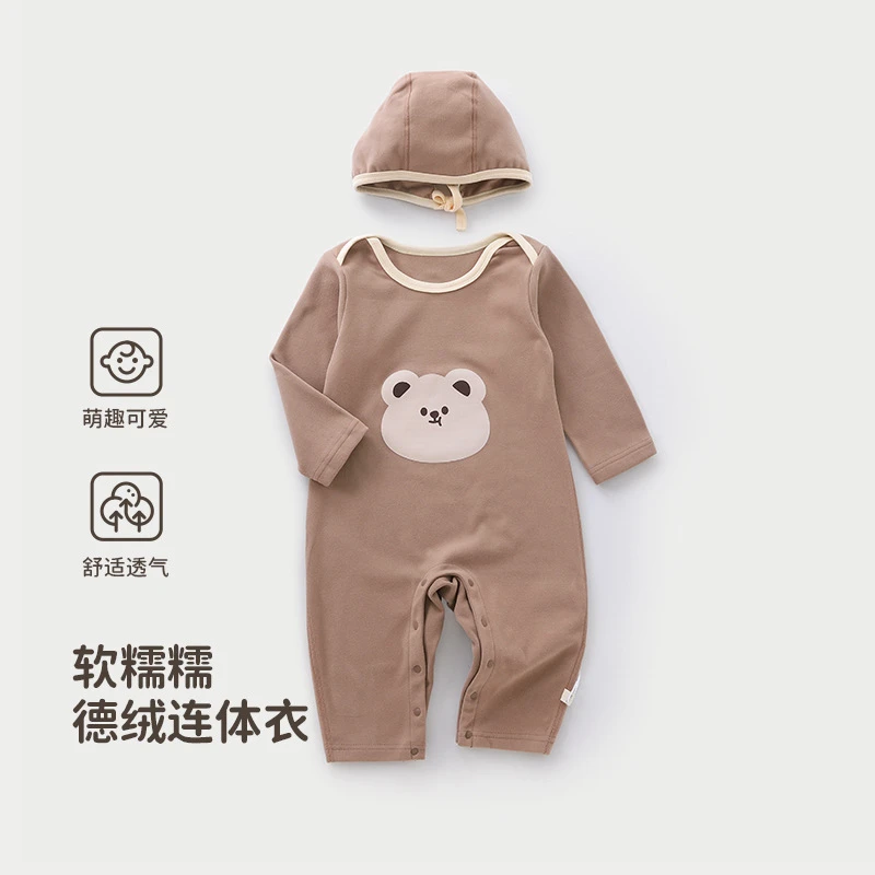 送帽子婴儿连体衣春秋德绒打底男女宝宝哈衣保暖冬季外出衣服秋装