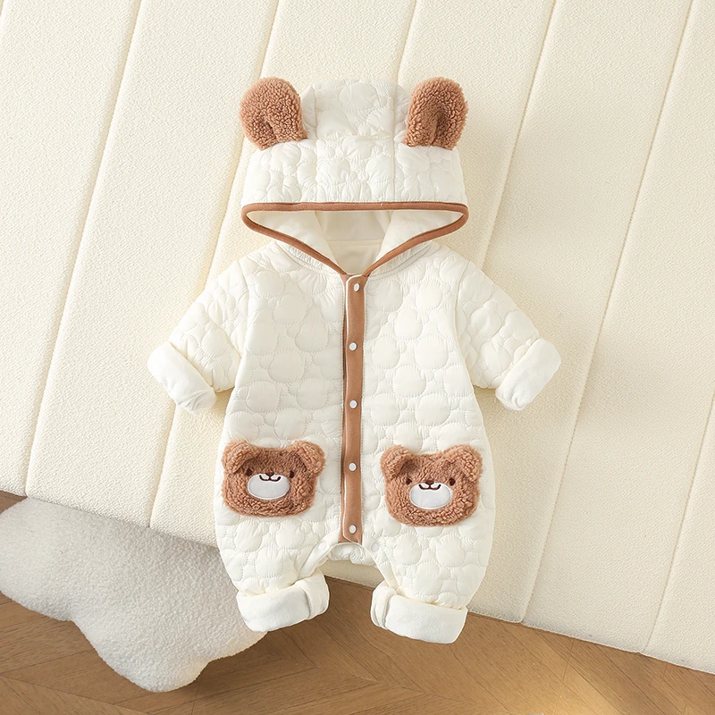婴儿连体衣秋冬外出衣服宝宝洋气加绒加厚可爱保暖泰迪熊薄棉哈衣