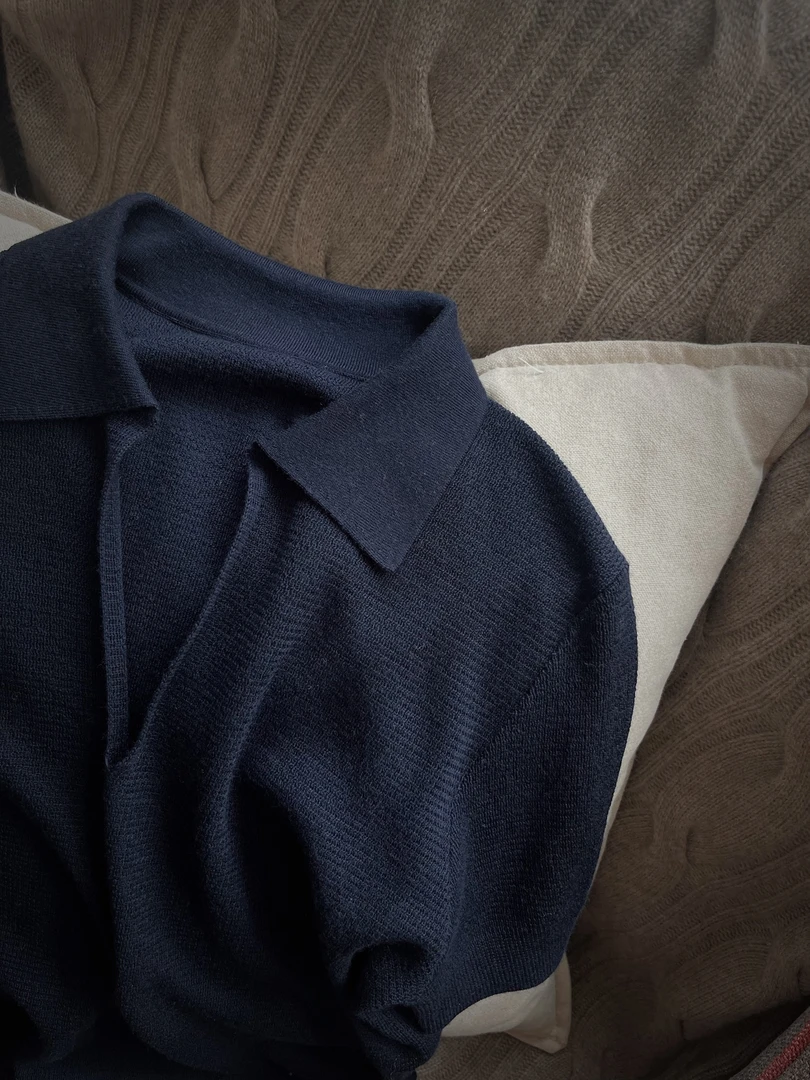 【阿黛】午夜蓝精纺羊毛复古POLO