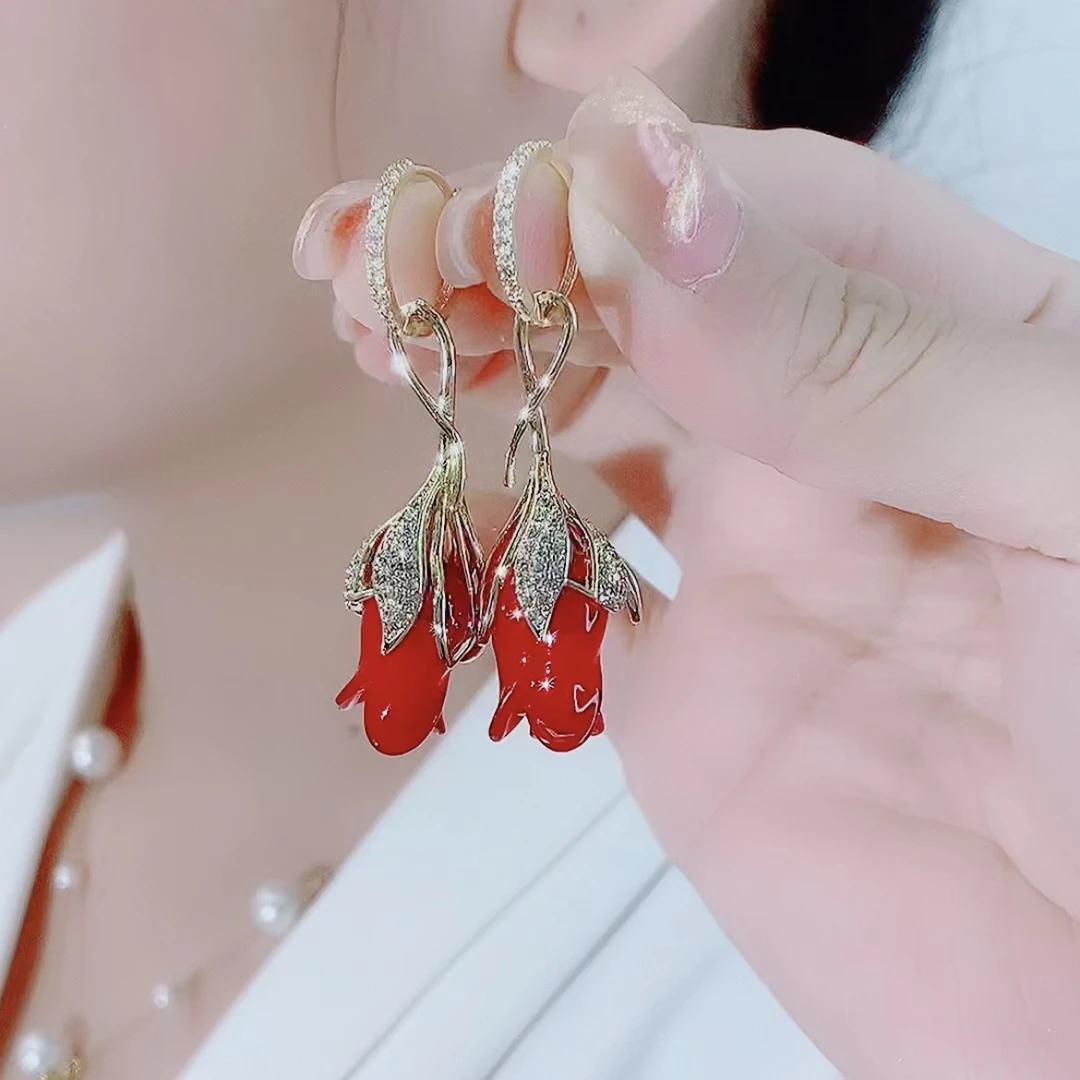 铜合金耳饰 铜合金耳饰YWW105889 红色郁金香耳环