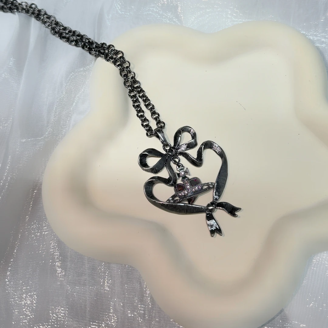 合金项链 YM小西黑色飘带爱心项链气质轻奢时尚百搭小众经典精致