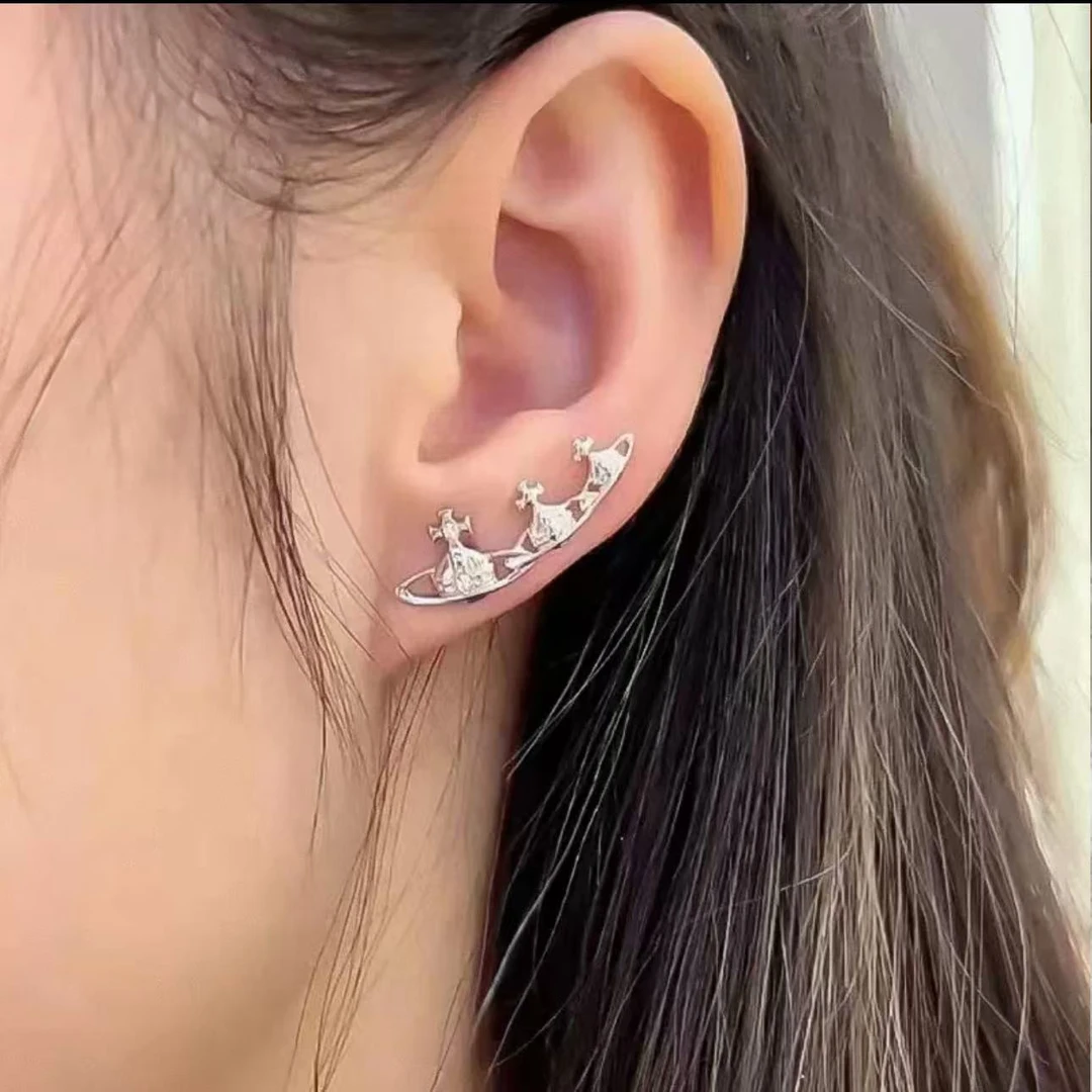 合金耳饰 YM【E小西银色排排土星耳钉】时尚百搭小众个性素款精致