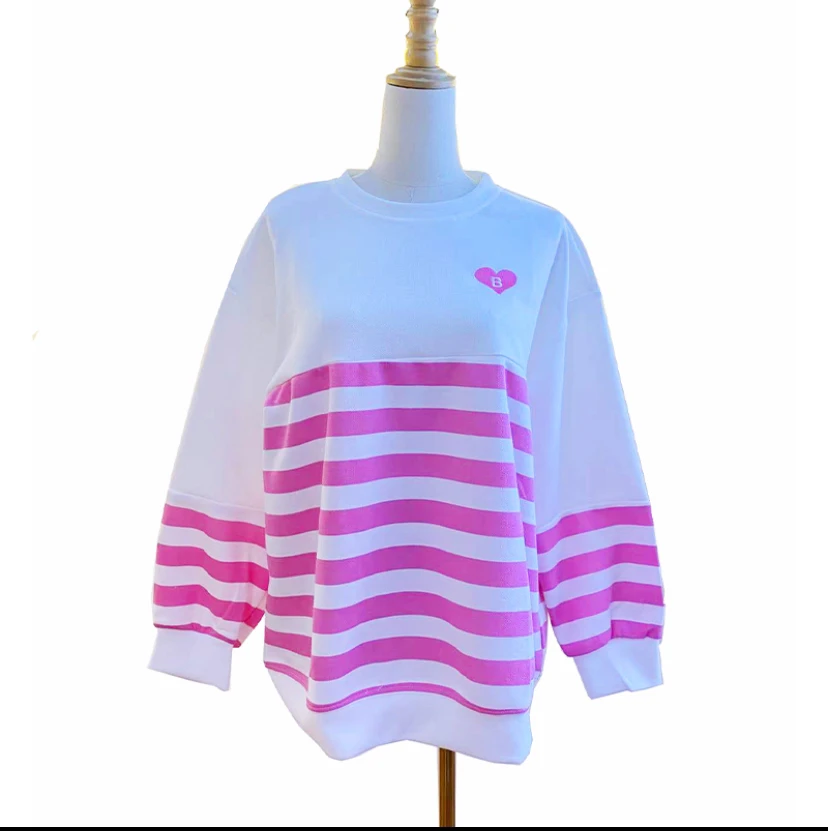 春季撞色刺绣毛衣女长袖通勤圆领条纹套头宽松上衣针织时尚休闲