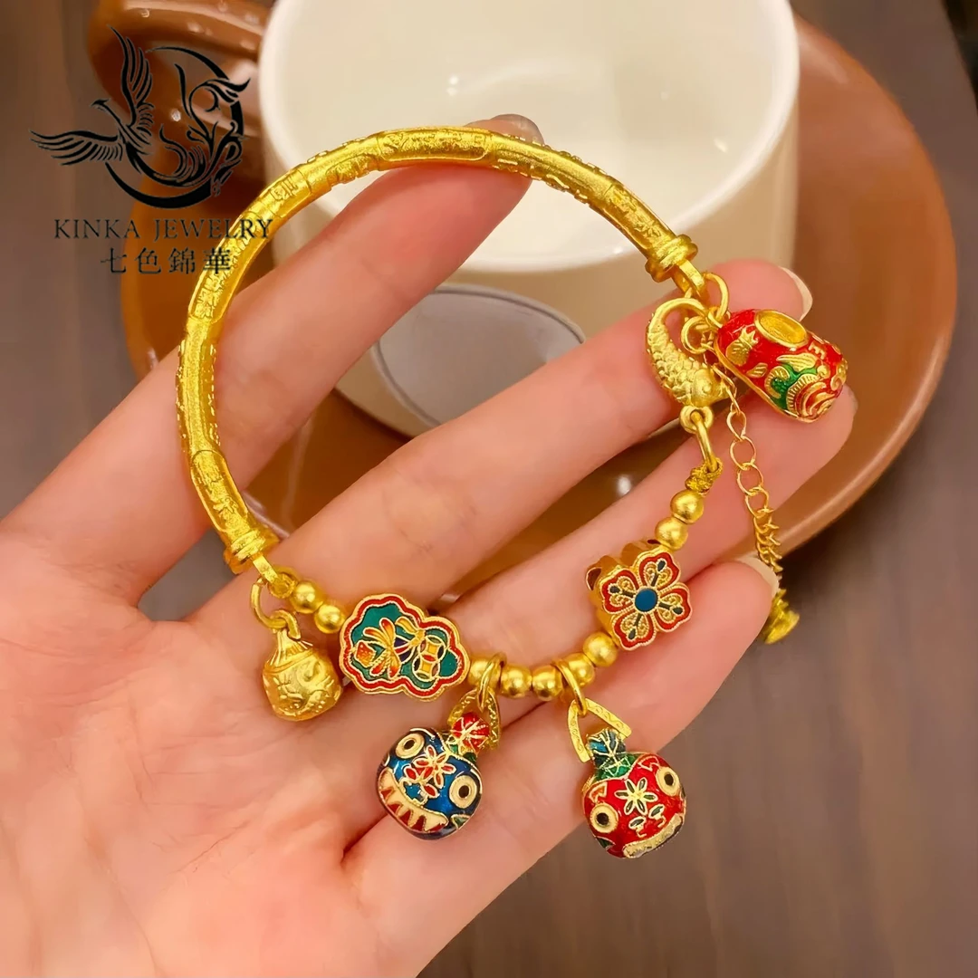 [精工]合金手镯女金色珐琅彩吞金兽一家三口吉言半镯手链国风礼物