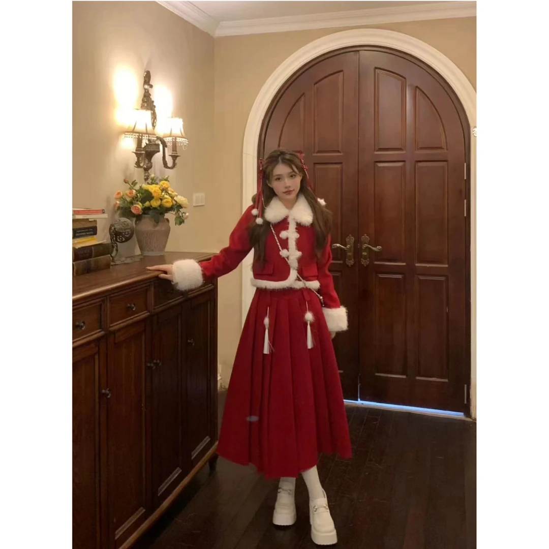 玫瑰少女.秋冬甜美显瘦红色长袖厚外套+半身裙