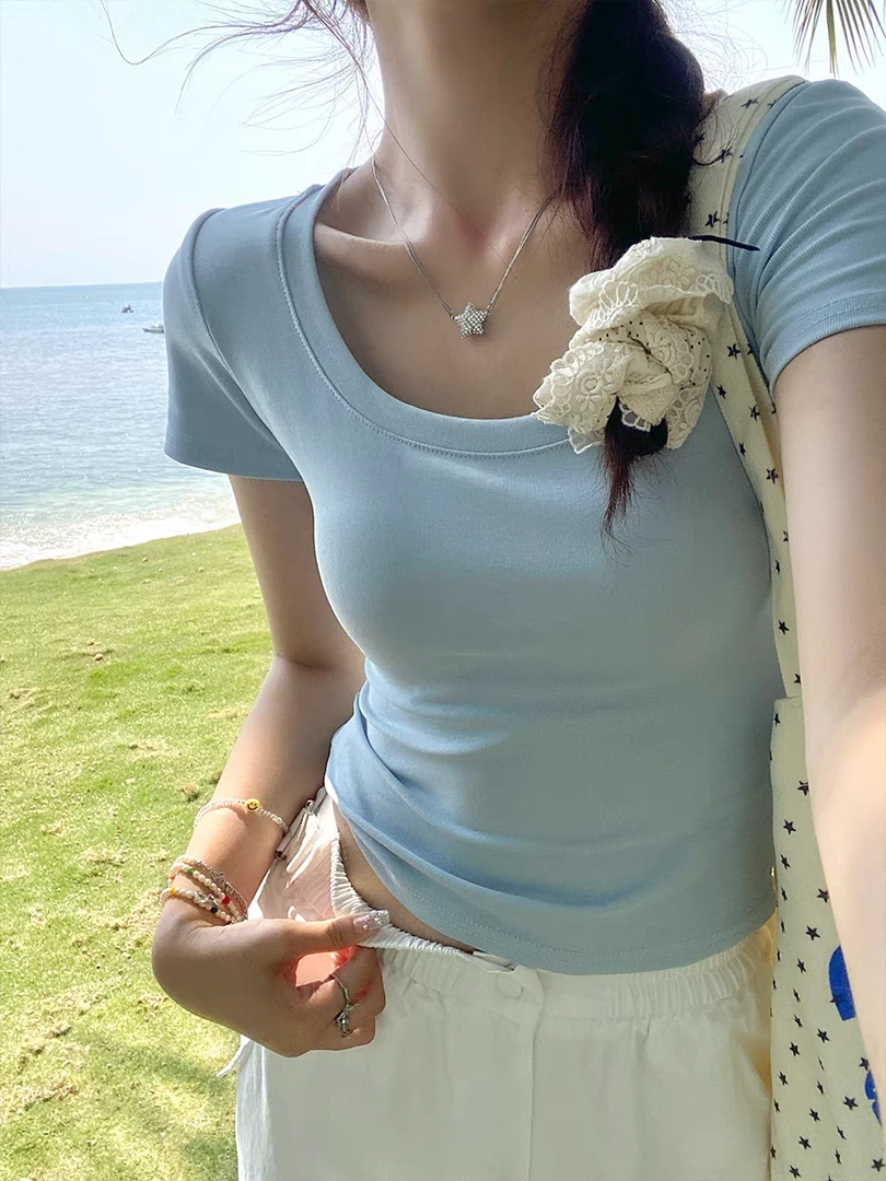 ins正肩短袖t恤女夏季2024锁骨甜辣打底修身显瘦蓝色短款上衣甜美