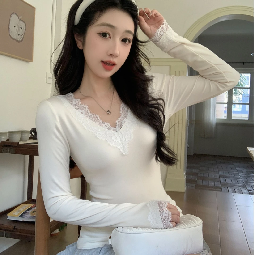 vivi加绒加厚蕾丝打底衫女秋冬季新款内搭长袖t恤纯欲V领上衣