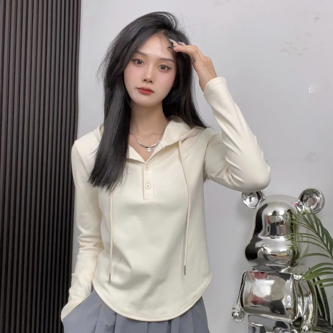 纯色连帽t恤女秋冬内搭新款设计感小众修身显瘦卫衣长袖上衣