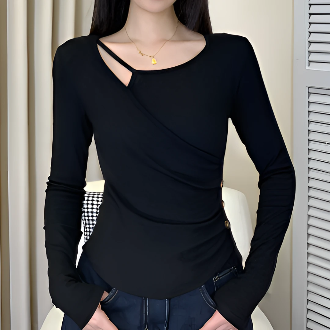 新款时尚装饰扣子纯色百搭收腰修身显瘦洋气长袖上衣