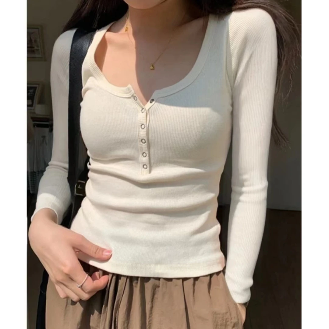 紧身短款螺纹温柔风正肩U领长袖t恤女秋新款小个子显瘦打底衫上衣