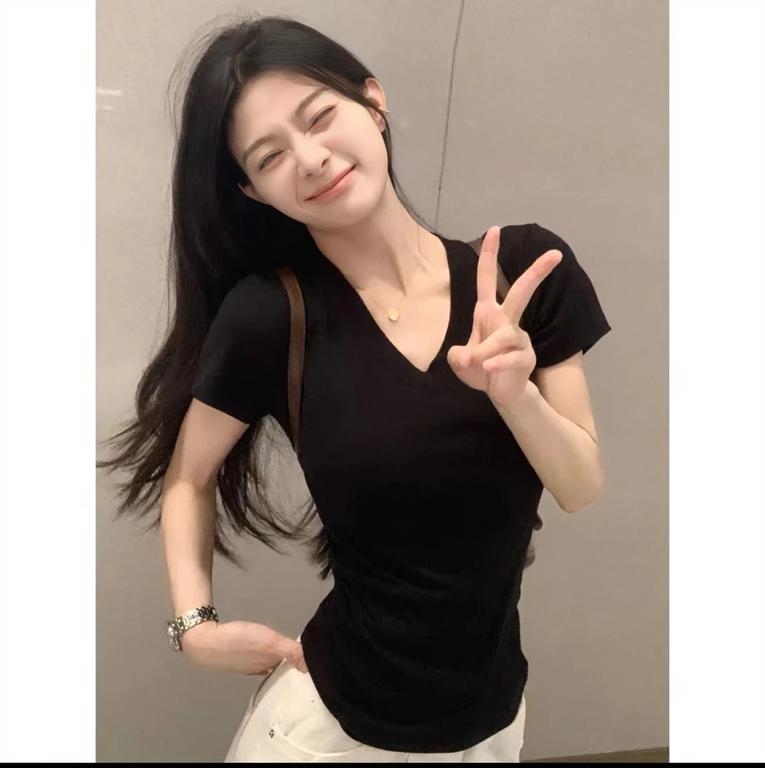 设计感纯色正肩V领短袖t恤2025夏季新款辣妹收腰修身打底上衣