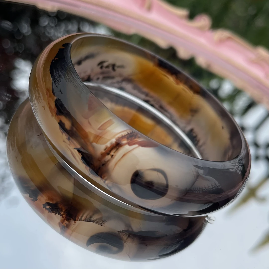 58口径刺景《日月星河》天然意境玛瑙手镯高货镯子收藏佳品老料（022