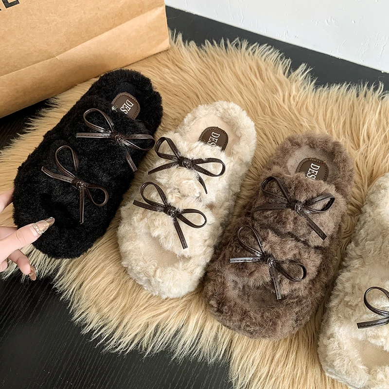 网红爆款时髦蝴蝶结厚底毛毛拖鞋2025新款秋冬女外穿加绒增高拖鞋