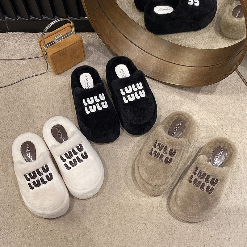 厚底8cm包头毛毛拖鞋女外穿2025冬新款小个子时尚加绒增高半拖鞋