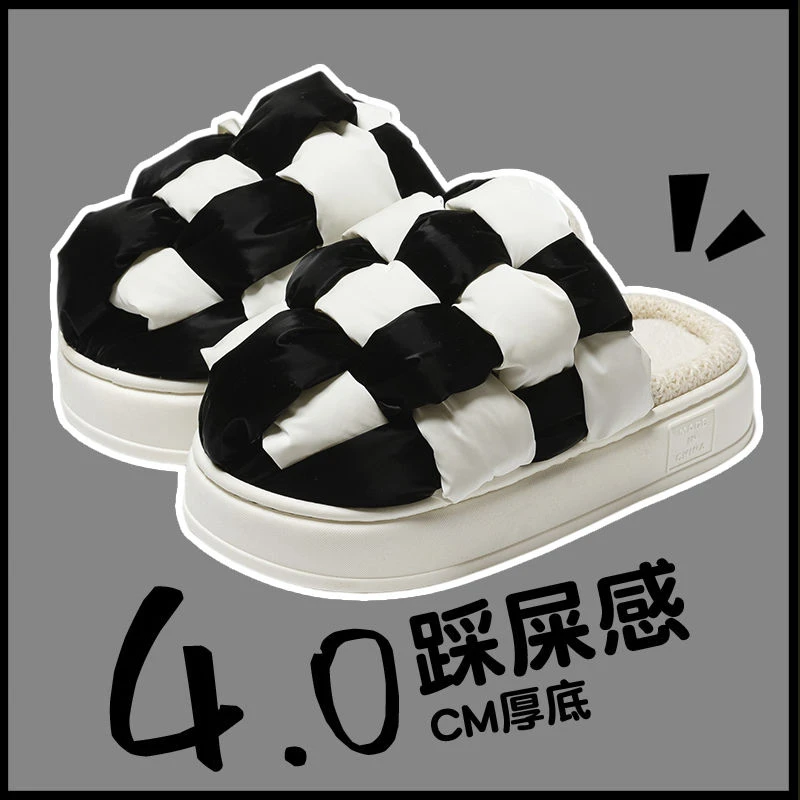 厚底棉拖鞋女冬防水室内超软保暖加绒外穿简约棋盘格防滑增高棉鞋