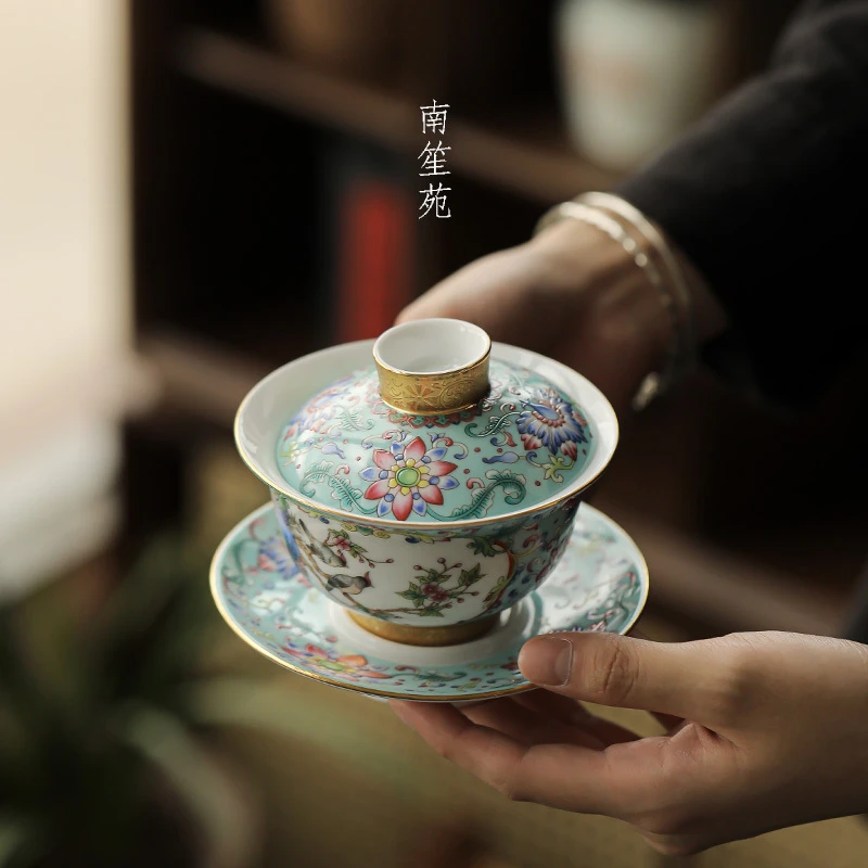 老翁茶具-手工复古陶瓷白瓷白瓷珐琅彩缠枝女性三才盖碗