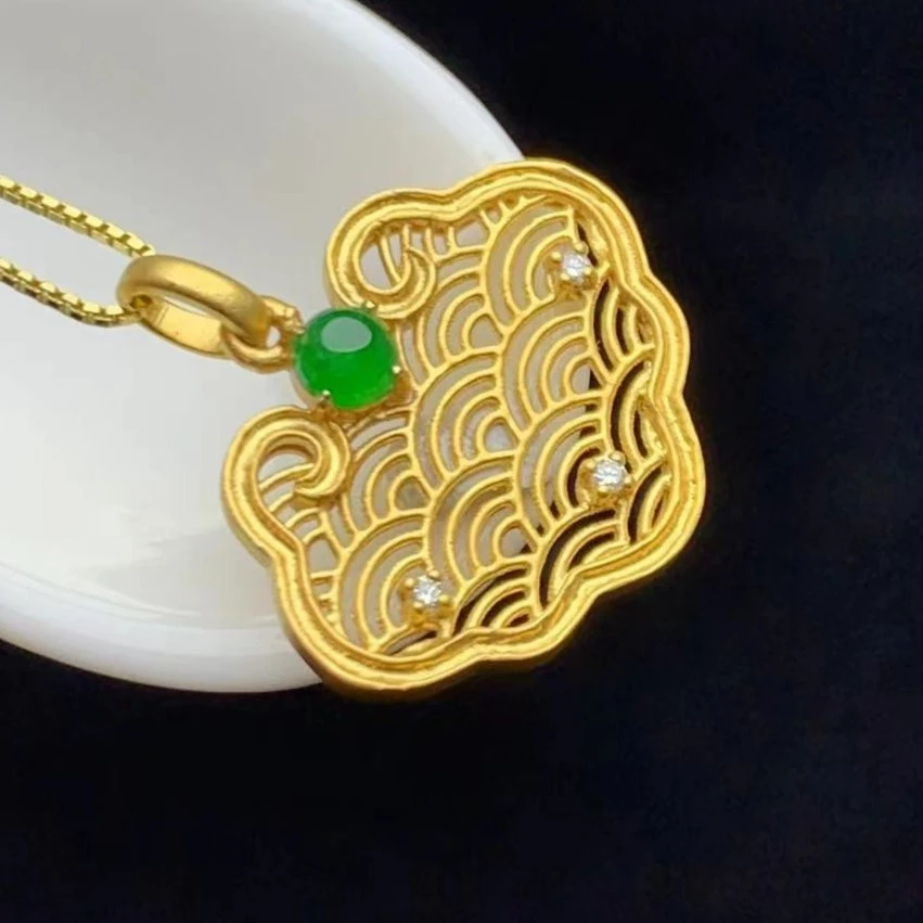 天然A货翡翠如意吊坠冰种阳绿18k金祥云镶嵌苹果如意吊坠平安锁