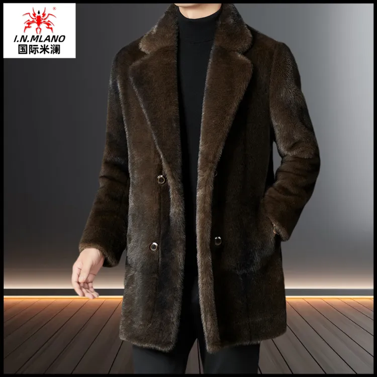 中长款高档男士貂绒大衣皮毛一体毛呢中年休闲加厚外套男冬季男装