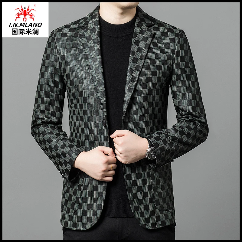 【绵羊皮西服】真皮新款男士海宁格子帅气皮衣修身西装高档外套男款