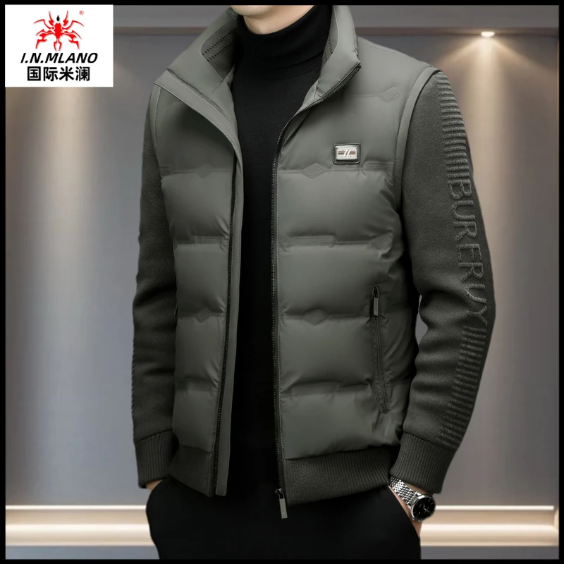 短款羽绒服男冬季新款时尚潮流针织袖羽绒马甲中年男士立领外套男