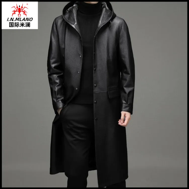 【加厚中长款牛皮】真皮皮衣男海宁皮风衣2024高档男士连帽休闲外套