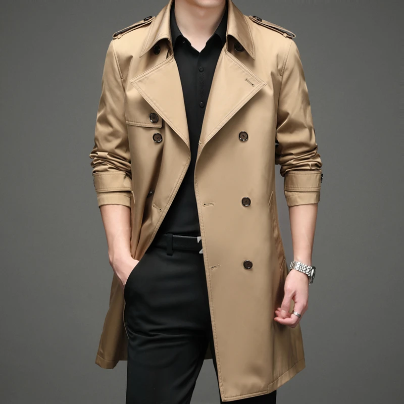 中长款双排扣轻奢风衣新款男士商务休闲春秋季时尚帅气翻领外套男