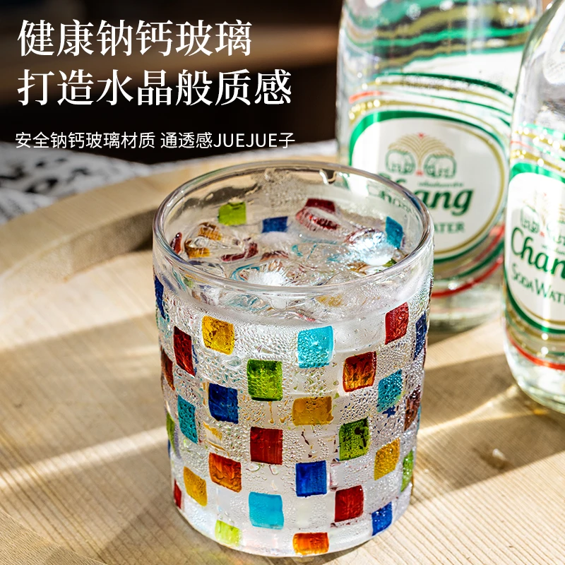 无忧日记玻璃杯手绘彩色条纹喝水杯高颜值创意厚底耐热饮料啤酒杯