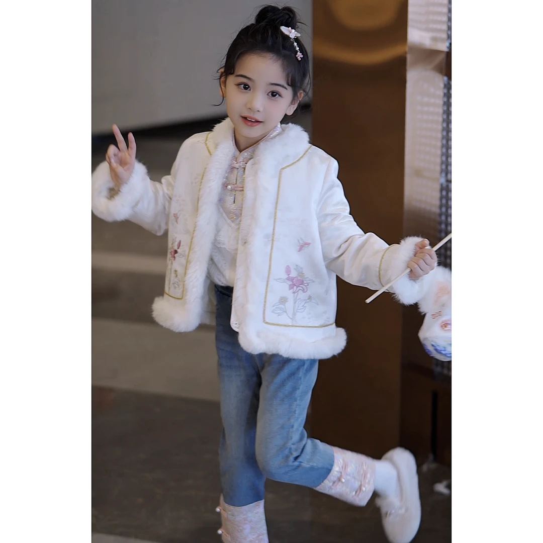 FL【梦旅生花】2023冬季女童中大童加绒加厚刺绣花朵外套13408Y249