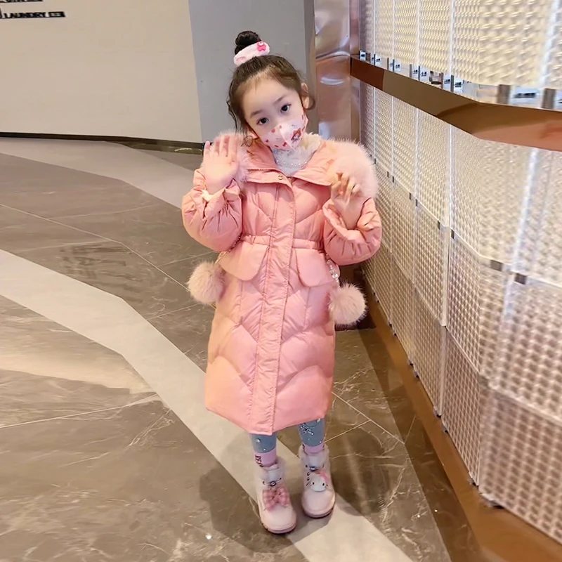 【粉红球球】【三防】冬季女童长款收腰毛球中长款羽绒服12408L066