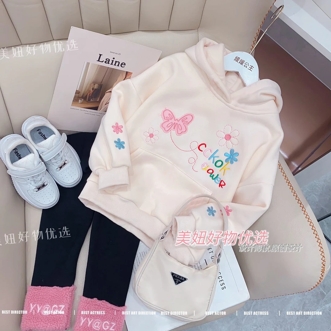 秋冬女童中大童刺绣蝴蝶连帽加绒加厚卫衣62403S723