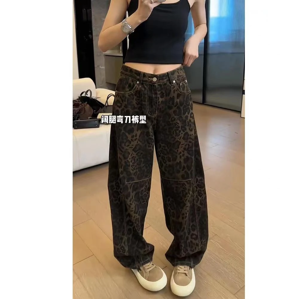 秋季新款豹纹弯刀牛仔裤窄版阔腿裤女款爆款大码微胖胯大梨形身材