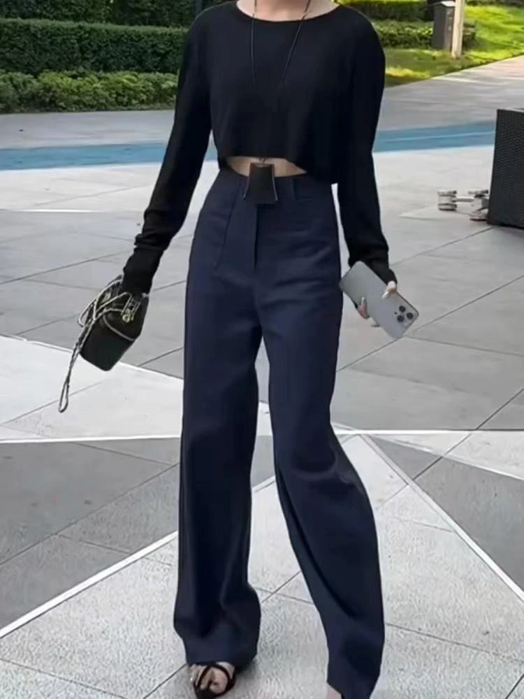 2025春夏新款阔腿休闲裤女洋气时尚显瘦直筒长裤百搭宽松拖地裤子