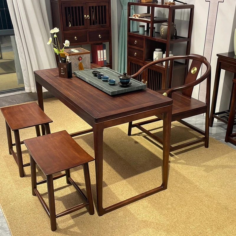 素茗乌金木茶桌椅组合家用书桌实木大板茶台办公家用一桌五椅茶几