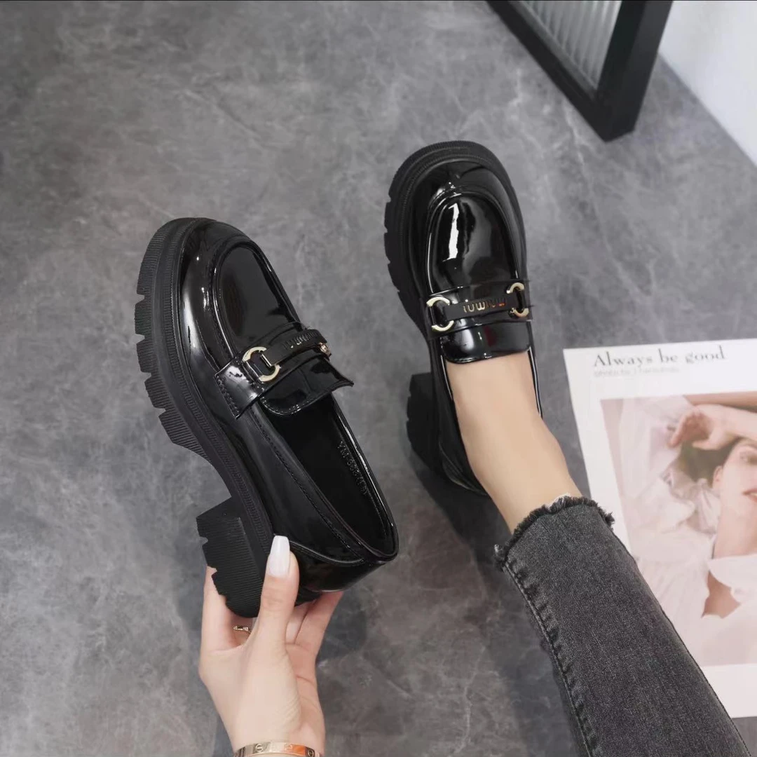 5公分厚底圆头黑色乐福鞋增高显腿长显脚小厚底乐福鞋复古百搭