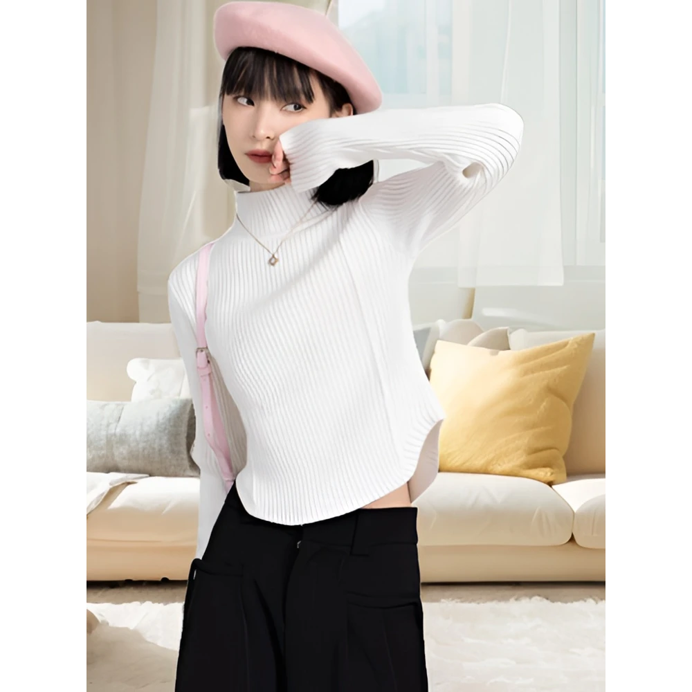 白色半高领针织衫女春季新款不规则修身显瘦辣妹性感短款上衣百搭