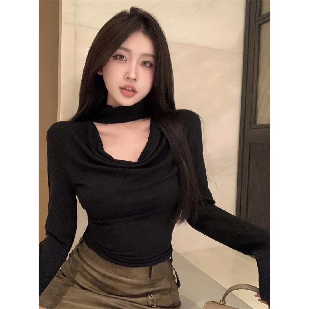 温柔纯欲风镂空T恤女春新款修身显瘦长袖打底衫辣妹短款上衣性感