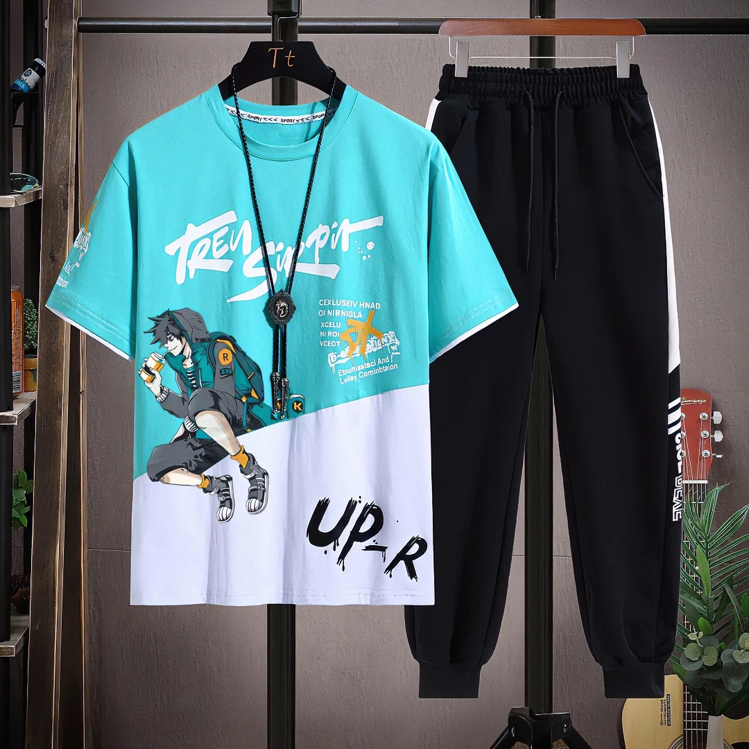 青少年高中生夏装一套短袖t恤男孩运动休闲套装男装大童12-15岁