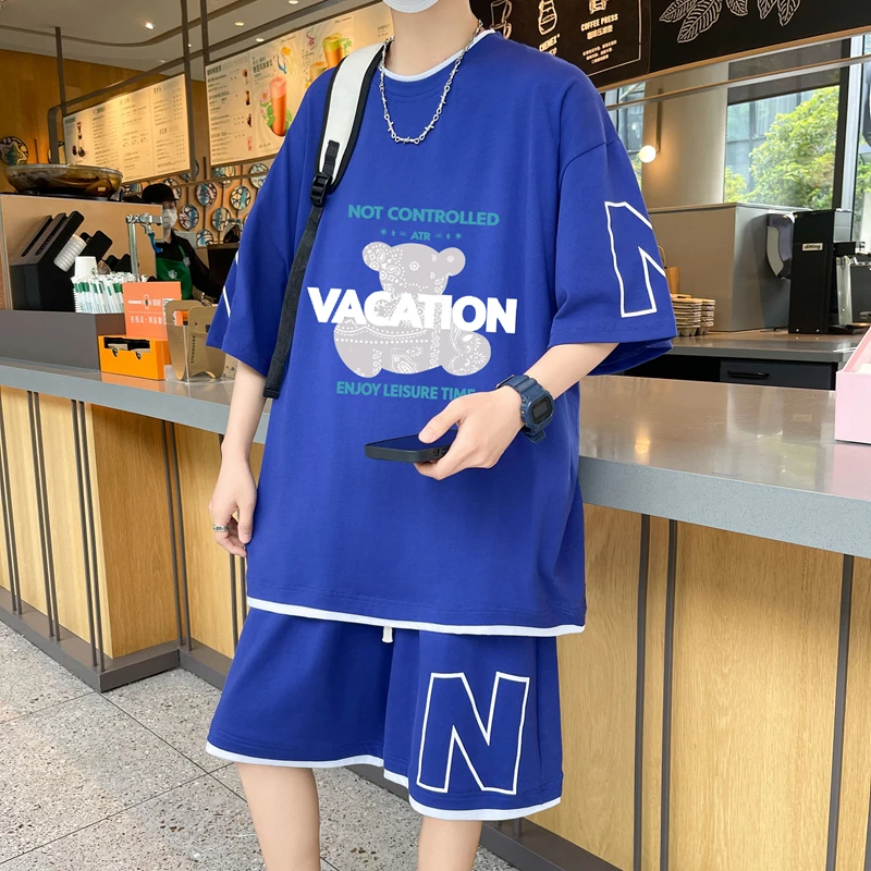 青少年短袖T恤男孩13-15岁初高中学生宽松运动套装14帅气大童夏装