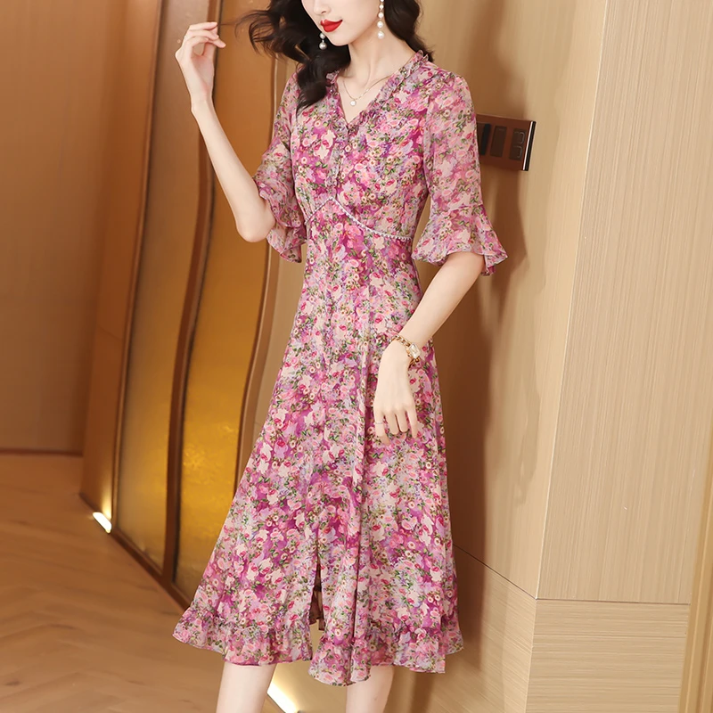 时尚碎花连衣裙女2024年夏季新款法式高端气质高腰钉珠印花长裙子