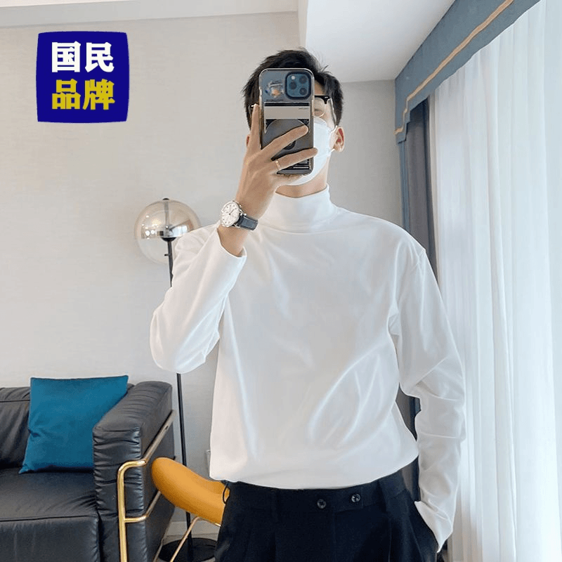 【小扬哥推荐】半中男士宽松领百搭纯色白色修身高领长袖T恤男韩