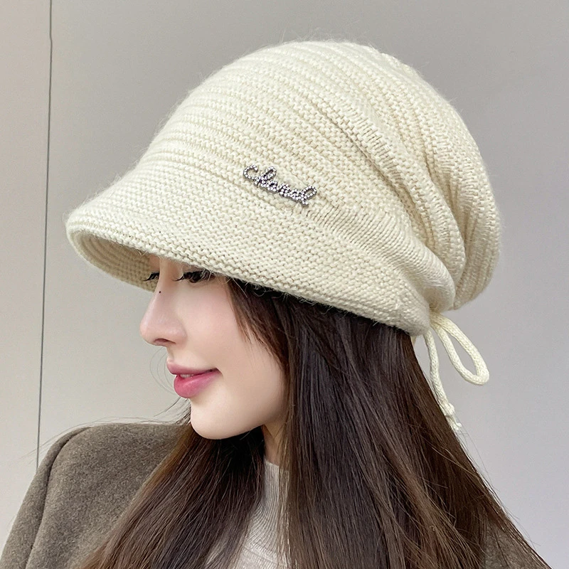 双层加厚兔毛针织帽女韩版休闲抽绳百搭针织帽优雅钻标护耳保暖帽