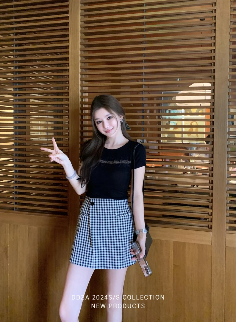 豆豆早安 千鸟格一粒扣半身裙裤女夏百搭高腰A字显瘦气质短裙裤
