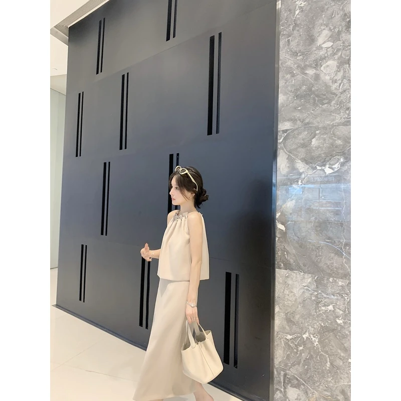 豆豆早安 清冷欧尼 慵懒醋酸抽绳吊带套装裙女夏气质半身裙两件套