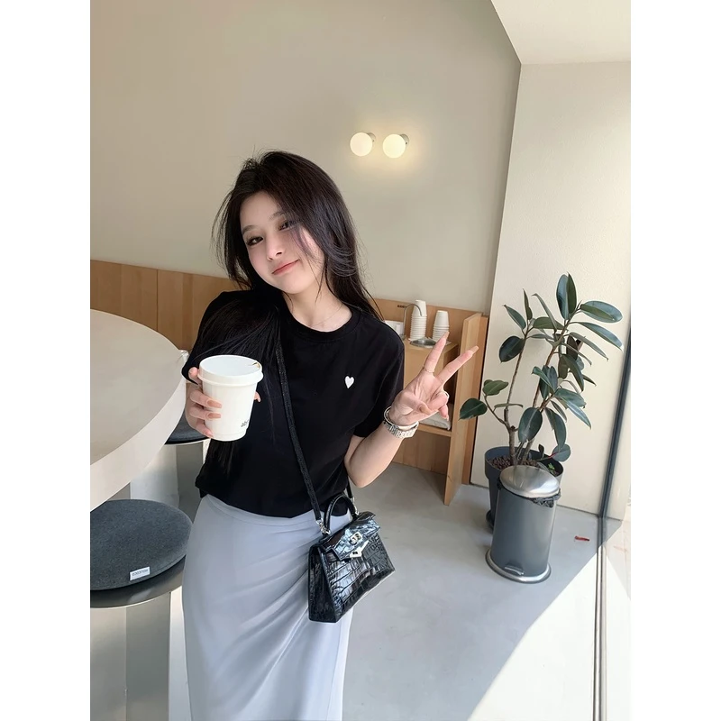 现货 豆豆早安 美式甜心 爱心刺绣T恤女春夏小个子短袖上衣 4色