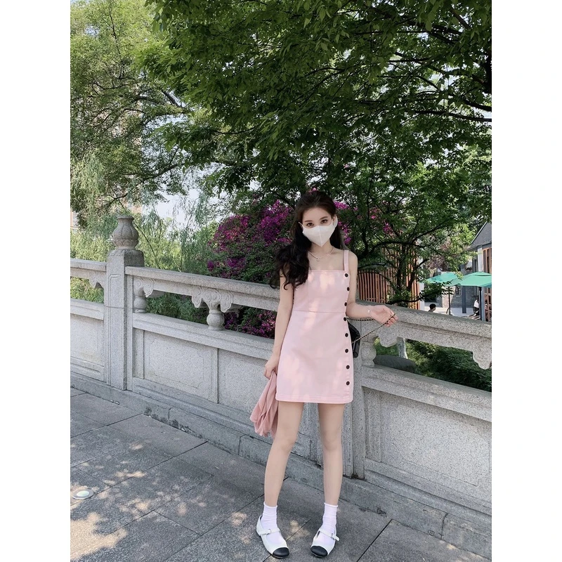 精灵少女牛仔吊带连衣裙小个子修身背带裙短裙