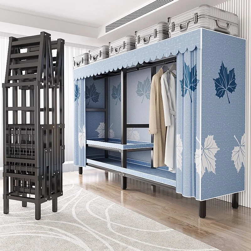 一体加厚隔层承重承重折叠衣柜出租房烤漆结实全钢免安装上下长衣