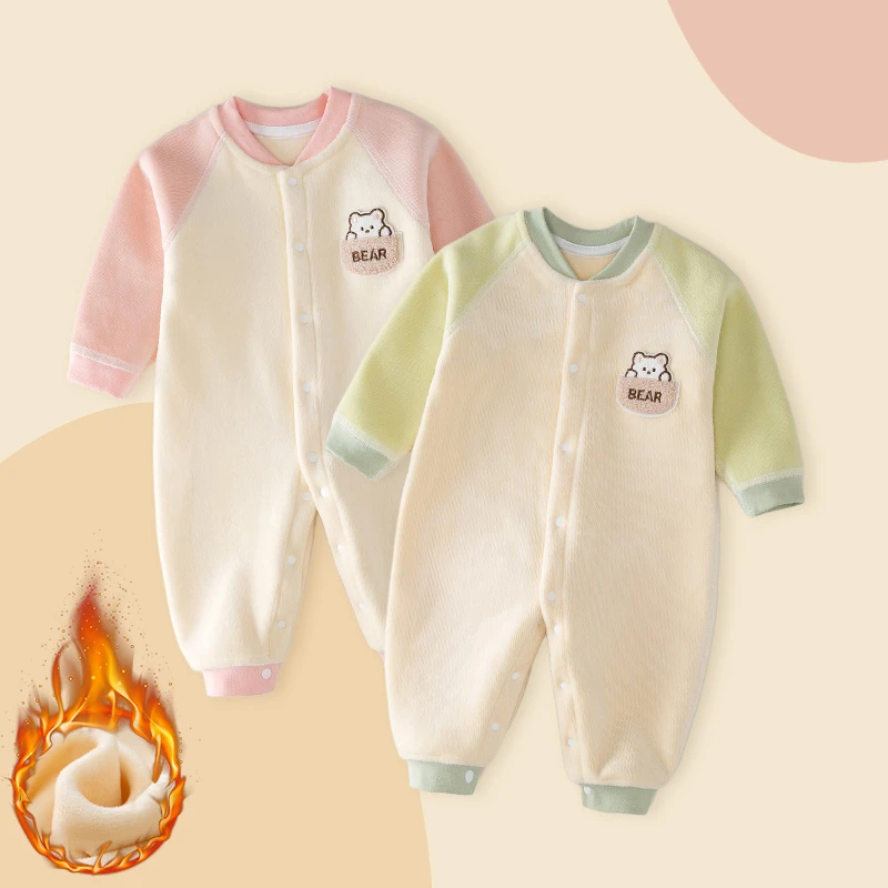 婴儿衣服秋冬季连体衣加绒保暖内衣套装爬服新生儿打底衣宝宝哈衣