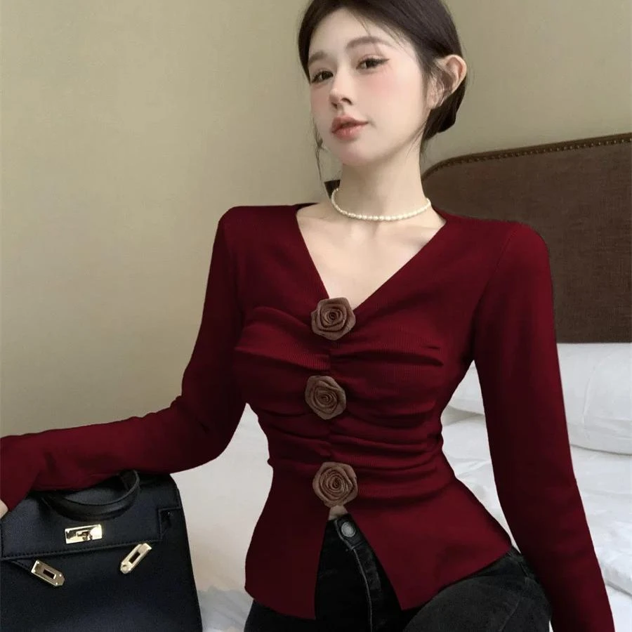 枯木玫瑰v领甜美减龄女2024秋季新款褶皱chic修身打底衫韩系25