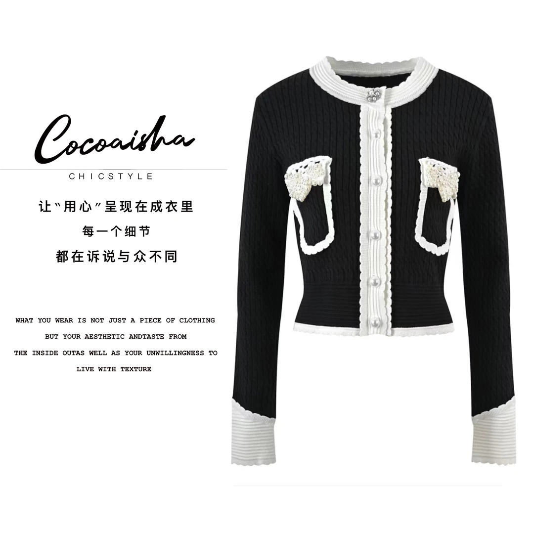 [COCO AISHA] 高端欧货 小众设计黑白钉珠针织衫短外套（BKH-013）